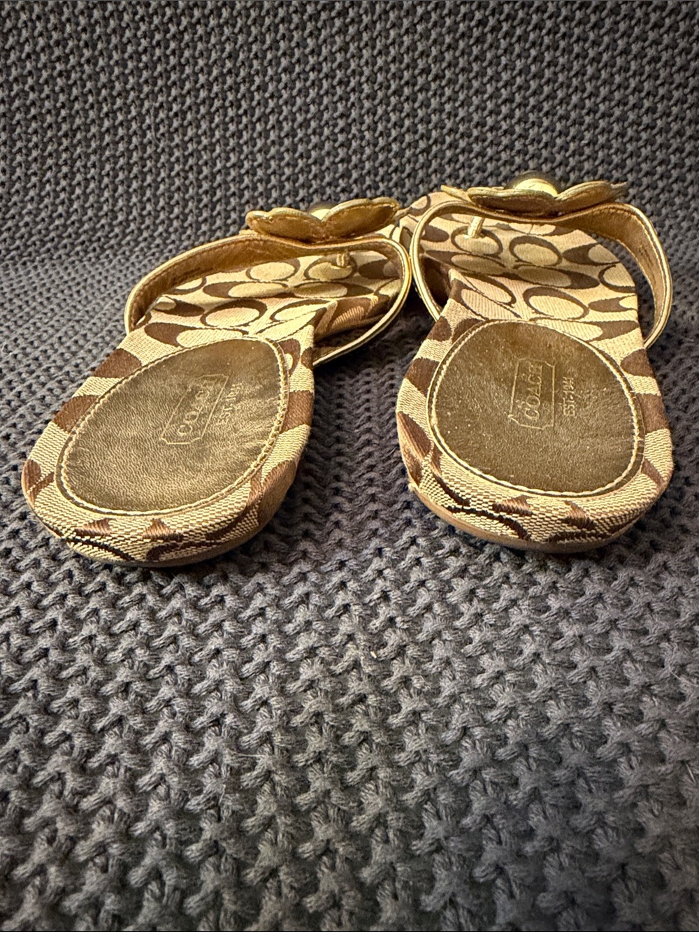 Coach Brown Signature Monogram Floral Thong Sandals with Gold Accents - Picture 4 of 6